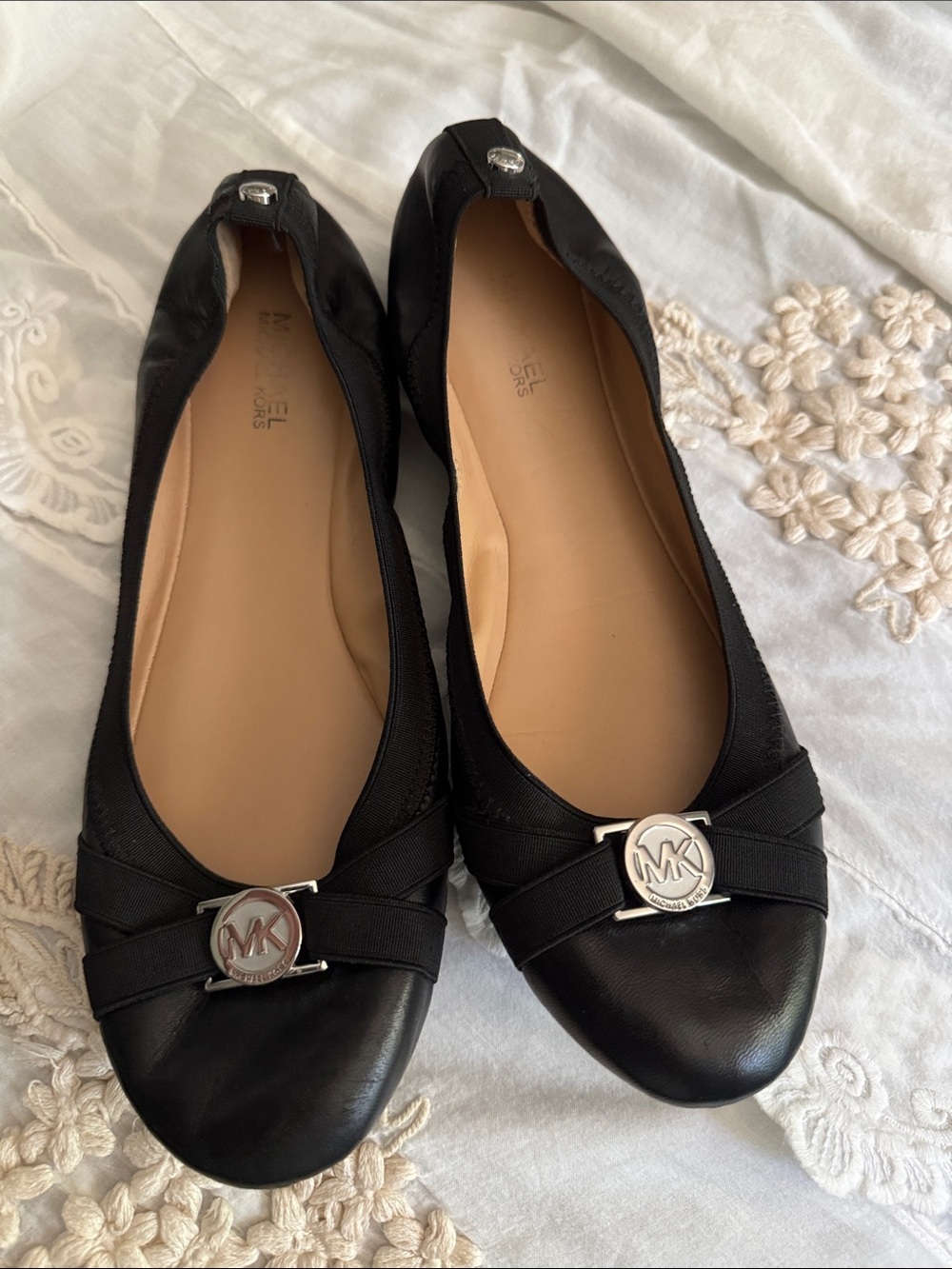 MICHAEL Michael Kors Black Leather Logo Ballet Flats with Silver MK Medallion